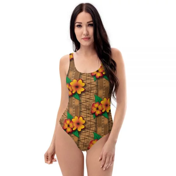 tiki style floral one-piece bathing suit