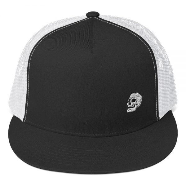 small embroidered skull trucker hat