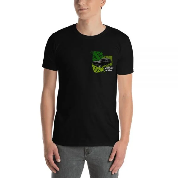 male model in Halloween style Tropical Hearse t-shirt