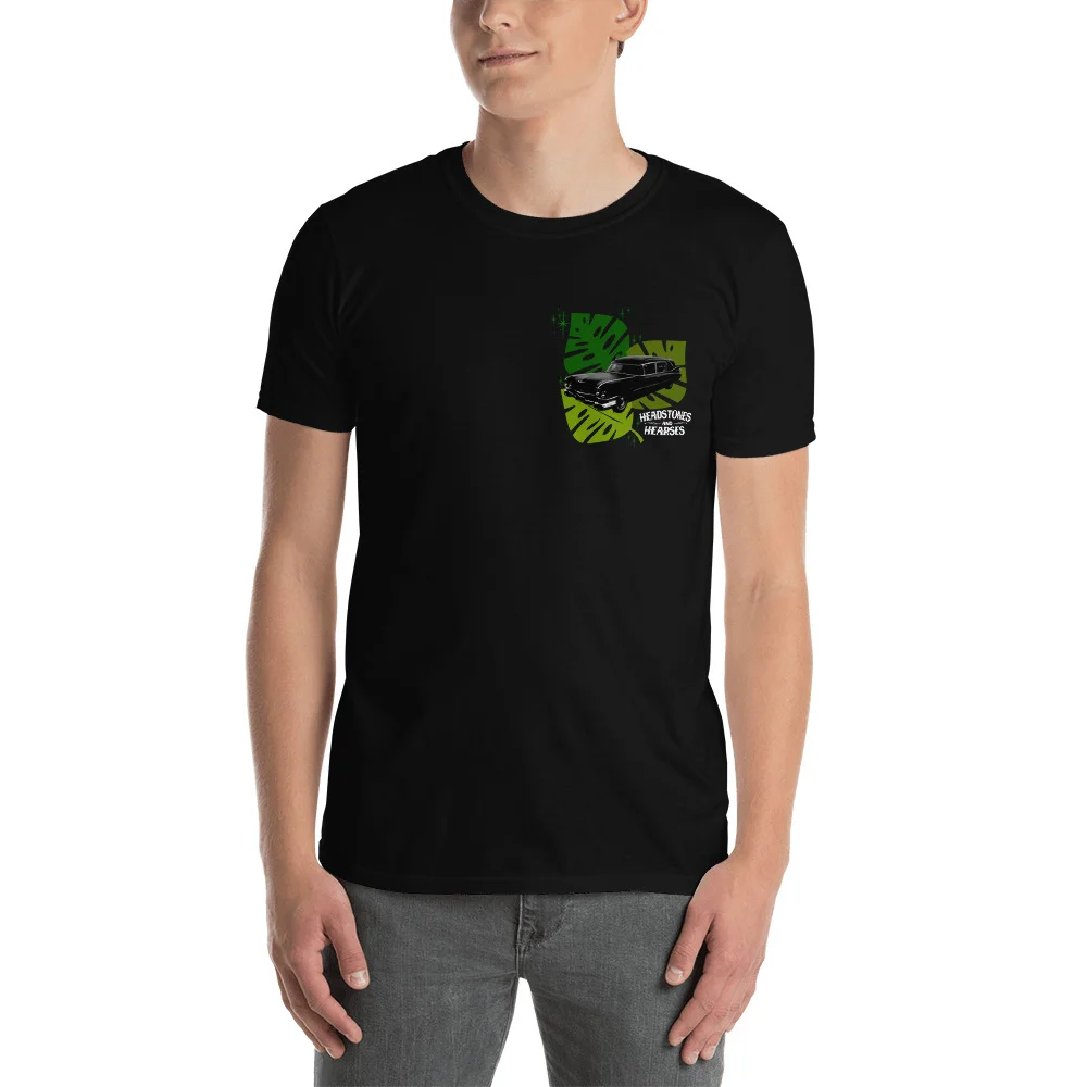 male model in Halloween style Tropical Hearse t-shirt