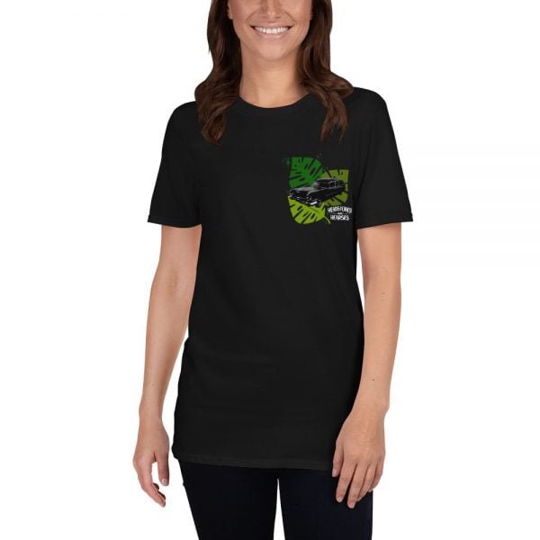 female model in Halloween style Tropical Hearse t-shirt