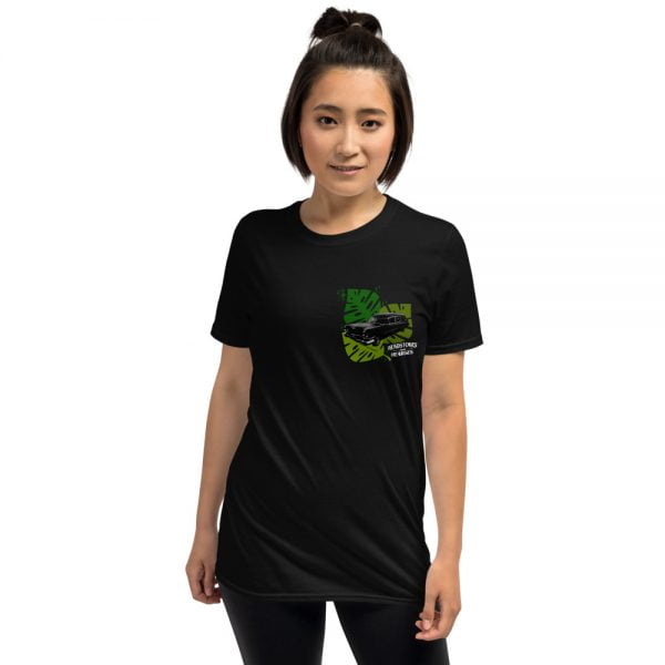 female model in Halloween style Tropical Hearse t-shirt