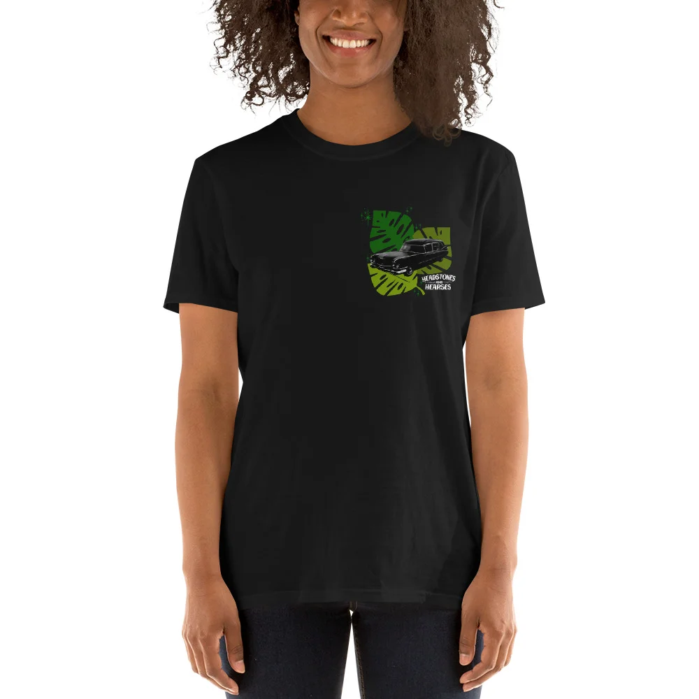 female model in Halloween style Tropical Hearse t-shirt
