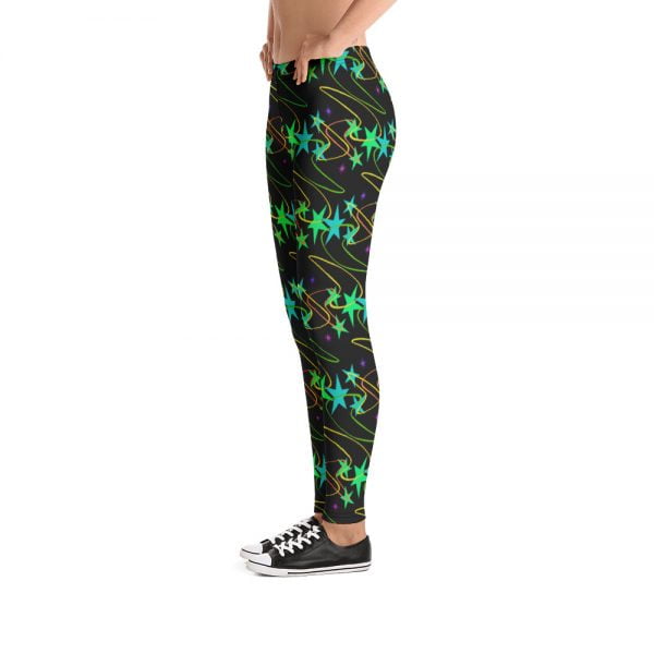 black keggings with cute bright blkue and green stars and squigles