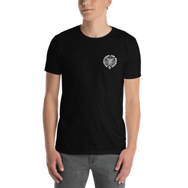 male model in black t-hirt with round white masked Headstones and Hearses print on front pocket