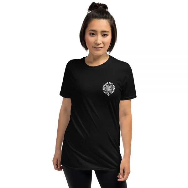 femail model in black t-hirt with round white masked Headstones and Hearses print on front pocket