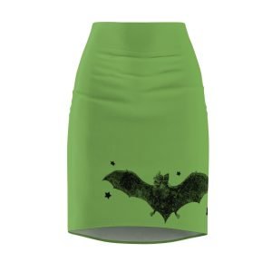 Green pencil skirt with black bat graphic, front