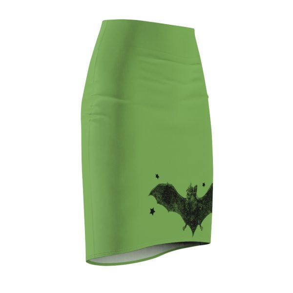 Green pencil skirt with black bat graphic, frontside