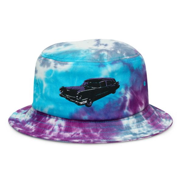 front view of tie dye bucket cap with Hearse embroidered on it