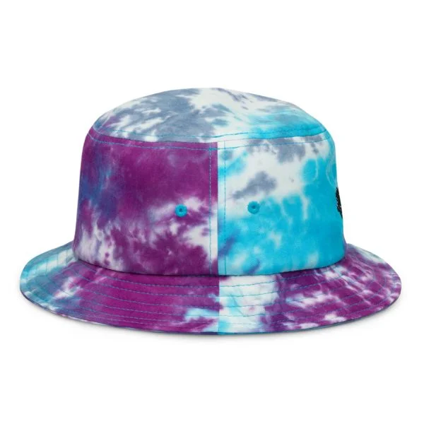 side view of tie dye bucket cap with Hearse embroidered on it