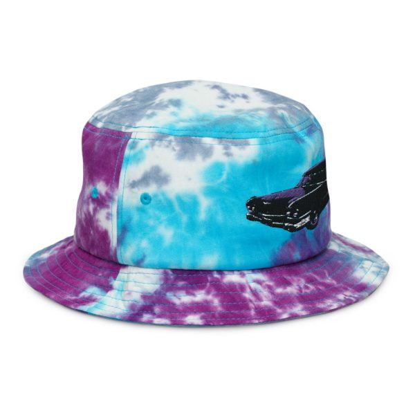 side view of tie dye bucket cap with Hearse embroidered on it
